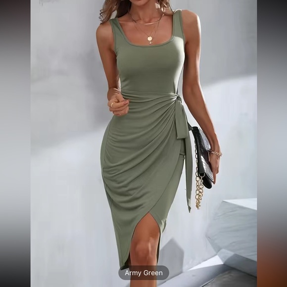 NWT army green sleeveless dress with tied side - Picture 2 of 7